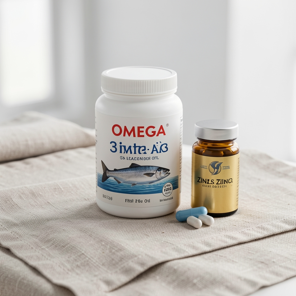 Omega-3 fish oil daily supplements and a glass of water on a pale stone surface, minimal editorial overhead composition